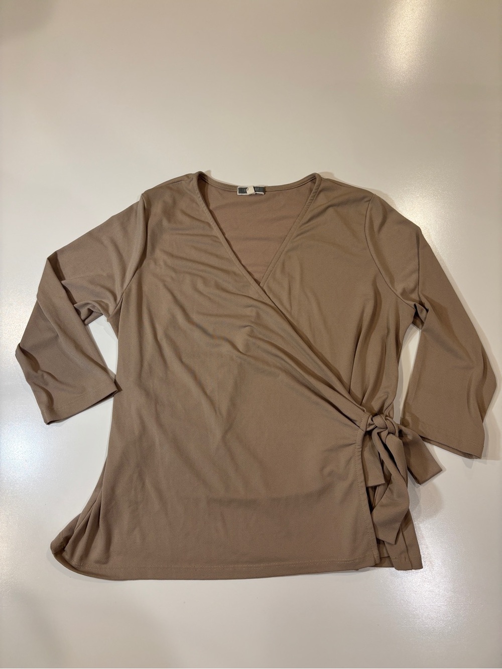 Anthropologie Women's XL Wrap Tie Top in Taupe Beige Neutral Career